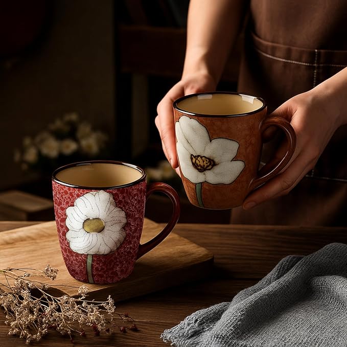 Maxdot 2 Pcs 12oz Ceramic Coffee Mugs Sets Glazing Process Cappuccino Mug Floral Ceramic Tea Cups Idea Gift Set for Women Porcelain Cup for Coffee, Cocoa, Tea, Latte (Retro) (Vintage)