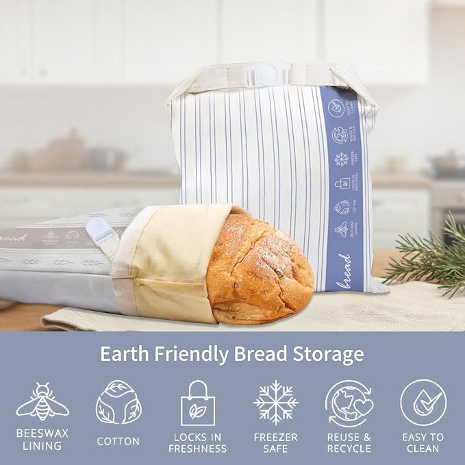 Saicefe 2 Pack Reusable Beeswax Bread Bags for Sourdough & Homemade Bread, Cotton Waxed Bags Keeps Fresh Longer XL Food Storage Bags with Beeswax Lining, Freezer Safe, Baking Supplies for Sourdough