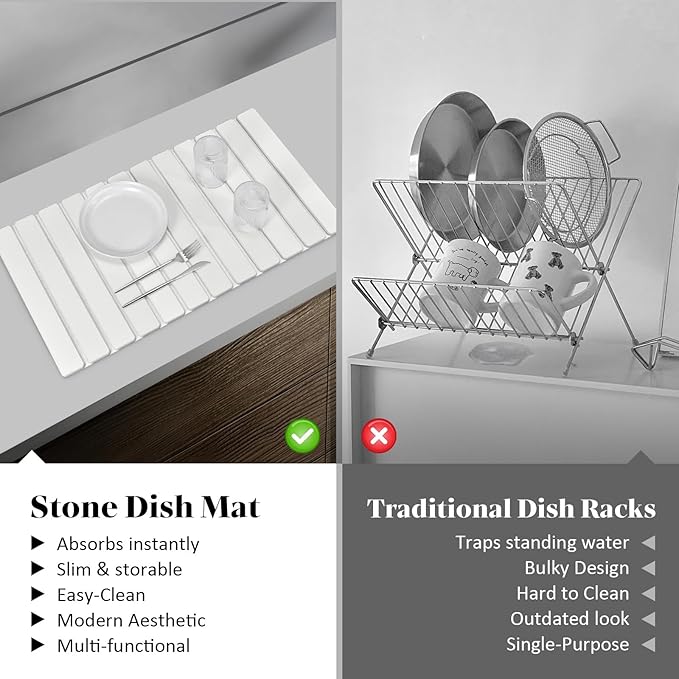 Extra Large Stone Dish Drying Mat for Kitchen Counter, 28"(L)×16"(W) Eco-Friendly Diatomaceous Earth Dish Mats, Fast Dry Absorbent Collapsible Mats for Bottles,Dishes, Match Any Countertop