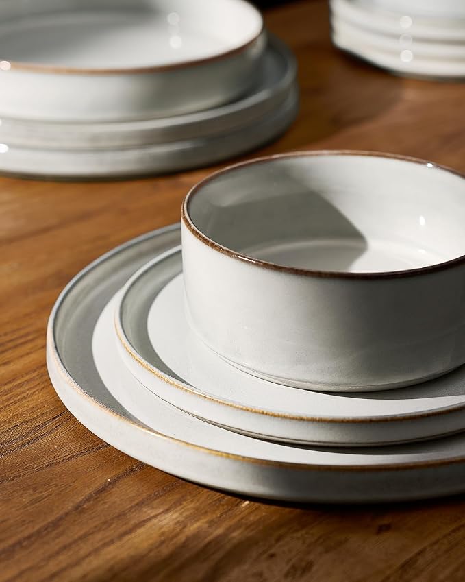 Famiware Annecy Plates and Bowls Sets, 12 Pieces Dinnerware Sets, Microwave and Dishwasher Safe Dishes Set for 4, Chip and Scratch Resistant, Grey White