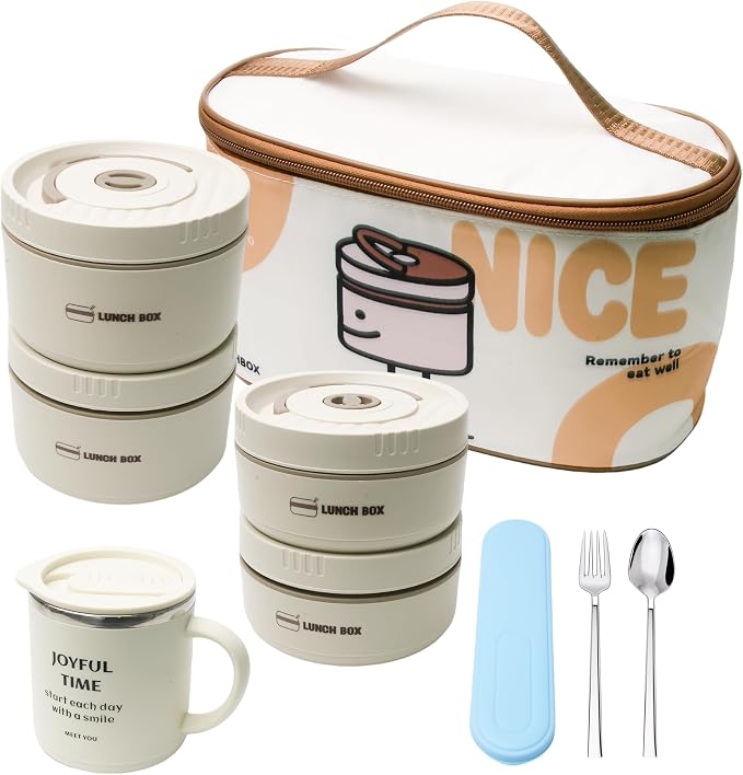 Insulated Lunch Box Set, 4-Piece Stainless Steel Bento Box with Lunch Bag, Coffee Mug, Fork & Spoon, Leakproof Stackable Thermal Lunch Containers, Reusable Food Storage for Home, Office, Outdoor