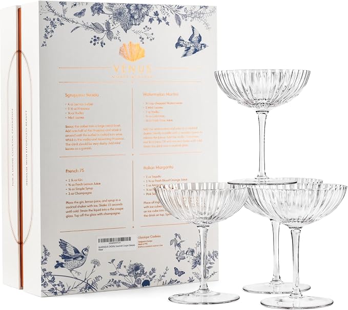 Venus Seashell Coupe Cocktail Glasses | Set of 4 | 8 oz Crystal Ribbed Champagne Saucers for Drinking P-Star and Espresso Martini, Margarita, Daiquiri, Cosmopolitan, Gimlet | Elegant Gift Glassware