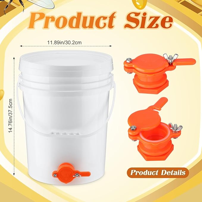 7 Pcs Honey Harvesting Kit, 5 Gallon Honey Bucket with Gate, Double Sieve Stainless Steel Strainer, Supports, Uncapping Fork, Scraper Knife, Filter Bag for Honey Extractor Beekeeping Supply