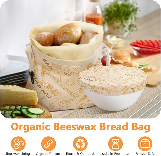 Reusable Pure Beeswax Bread Bags for Sourdough, Organic Cotton Beeswax Dough Bags, 1 Packs Homemade Bread Storage and Bowl Cover