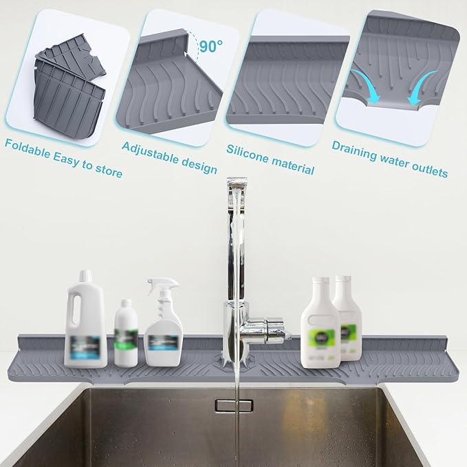 Derlights 33 inch Sink Splash Guard Mat, Silicone Faucet Handle Drip Catcher Tray, Longer Silicone Sink Mat for KitchenBathroom, Drip Protector Splash Countertop (Gray)