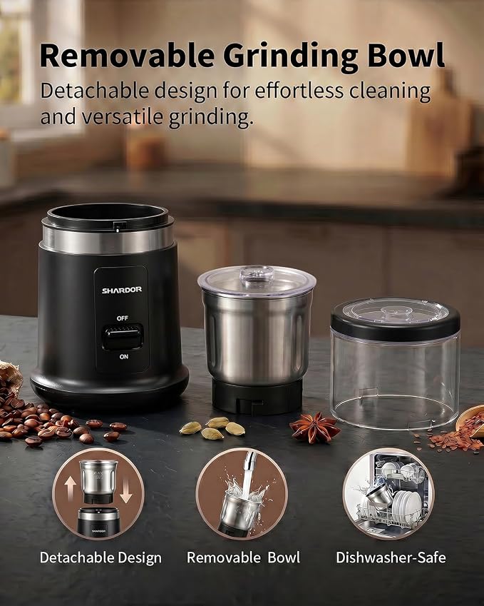 SHARDOR Quiet Coffee Grinder Electric, 70g Removable Bowl Spice Grinder for Coffee Beans, Seeds and Grains, Super Silent Grinding Mill with 60dB Low Noise, 2.5oz Capacity, Black