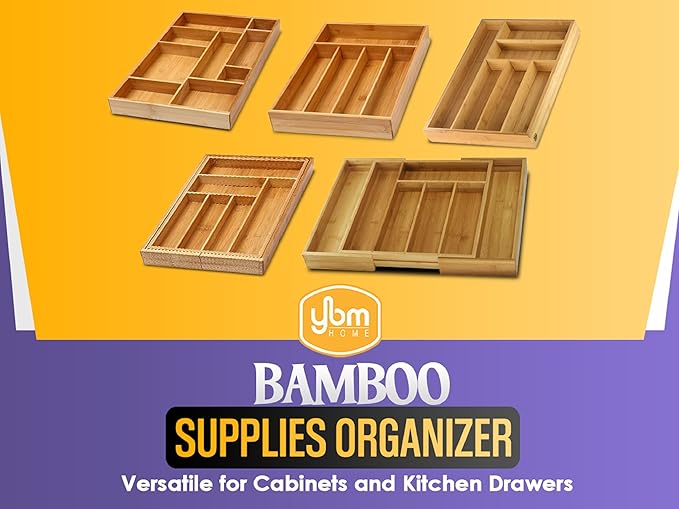 YBM Home & Kitchen Expandable 6-compartment Kitchen Utensil, Flatware, Cutlery Drawer Organizer Tray Size 18" width (12.5" wide closed), 17." Length, 2" Height. Item No.339