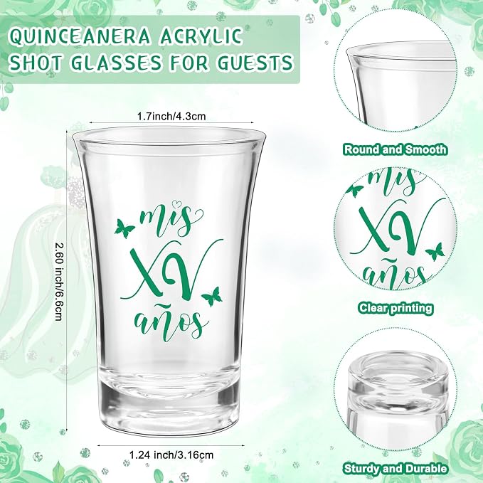 Havawish 50 Sets Quinceanera Party Favors for Guests Quinceanera Acrylic Clear Personalized Shot Glasses Thank You Cards with Organza Bags Mis Xv Años Sweet 15 Birthday Party Favors (Green)