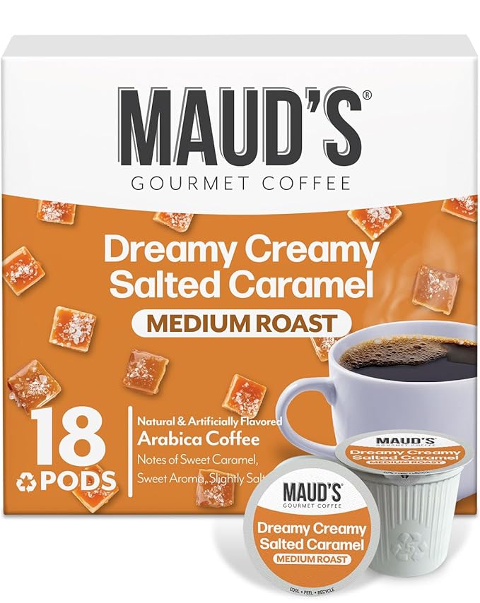 Maud's Salted Caramel Flavored Coffee Pods, 18 ct, Medium Roast Flavored Coffee in Single Serve Pods – 100% Arabica Beans, Compatible with Keurig K Cups Maker