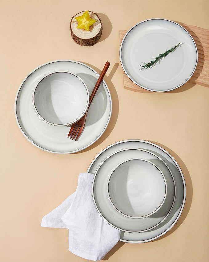 Pokini 24 Piece Stoneware Dinnerware Set for 8, Moonstone White Plates and Bowls Set, Reactive Glaze Ceramic Dish Set, Durable & Chip Resistant, Modern Rustic Look, Microwave & Dishwasher Safe