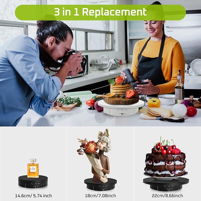 JAYEGT 3 in 1 Motorized Rotating Display Stand with 5.74/7.08/8.66 inch Replacement Cover，Max 22lbs Load , 3D Models, Cake -Black
