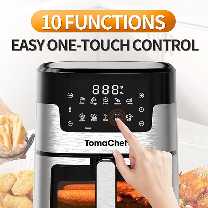 TomaChef Air Fryer 10-in-1, 5.3QT Compact Oil Free Cooker with Visible Window, Healthy Cooking, Digital Control for Family, Mothers Day Gifts for Mom, Fries, Fish, Bake, Cake, DIY（Black）
