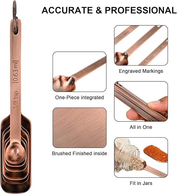 Copper Plated Measuring Cups and Spoons Set, Stainless Steel Measuring Cups and Spoons Set, 7 Kitchen Measure Cup, 9 Spice Measure Spoons, US&Metric Measuring Tools for Baking