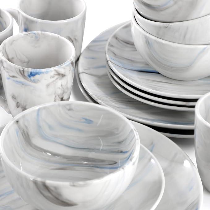 Elama Fine Marble 16 Piece Porcelain Dinnerware Set, Tableware Set, Everyday Dining, Service for 4 (Blue/Gray)
