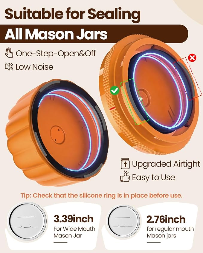 2026 Upgraded Electric Mason Jar Vacuum Sealer Kit with Wide and Regular Mouth Mason Lids -80kpa Automatic Vacuum Pump 2500mAh Battery One Touch Canning Sealing Machine for Food Storage Orange
