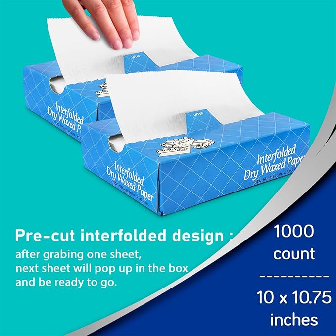 Fit Meal Prep 1000 Sheets 10 x 10.75” Dry Wax Paper Sheets for Food, Greaseproof Sandwich Wrapping, Interfolded Deli Wax Paper for Fries, Burgers, Food Basket, Made in USA