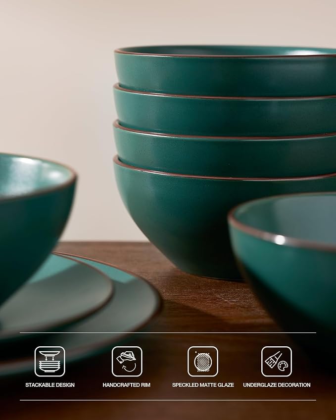 Famiware Venus Plates and Bowls Sets with Trim, 12 Pieces Speckled Stoneware Dishes Dinnerware Set for 4, Matte Dark Green - Microwave & Dishwasher Safe, Modern Minimalist, Everyday & Formal Dining