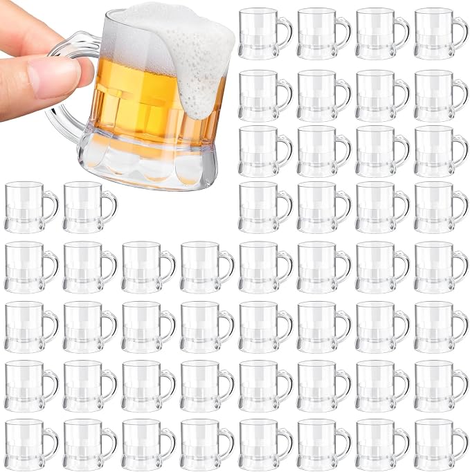 Yinder 50 Pieces 2 oz Mini Beer Mug,Plastic Mini Shot Glasses, Heavy Base Clear Reusable Beer Stein Tasting Glasses,Small Plastic Shot Cups for Party Drink, Whiskey, Tequila, Vodka