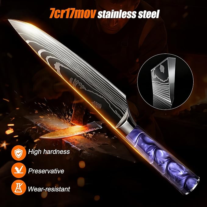10-Piece Premium Japanese Kitchen Knife Set - Star Collection, Laser Damascus Pattern, 440A Stainless Steel Ultra Sharp for Fast Cutting (Purple)