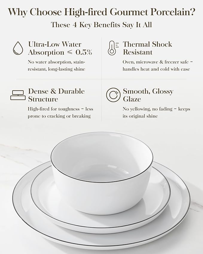 MALACASA 24 Pieces Gourmet Porcelain Dinnerware Sets, Premium Plates and Bowls Set, High-Fired Dishes Set for 6, Chip & Scratch Resistant, Microwave Dishwasher Safe, White & Black Rim, Series LEXI