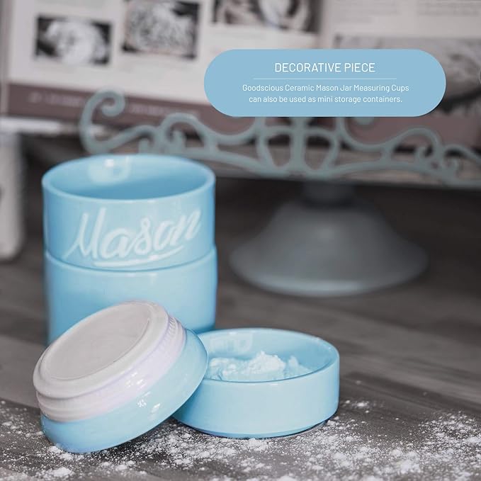 Mason Jar Ceramic Measuring Cups - Stackable Measuring Cups - Measuring Cup Set as Kitchen Gifts - Rustic Measurement Cup for Kitchen Accessories & Decor - A Perfect Holiday Gift Set (Blue, 4 Pc Set)
