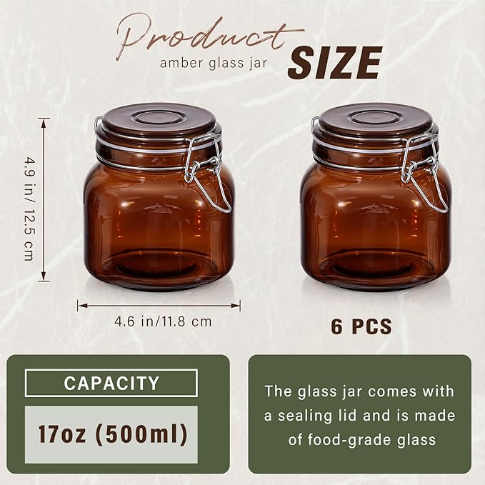 Norme 6 Pack 25oz Amber Airtight Glass Jars with Lids, Square Food Storage Container Airtight Food Wire Clip Fastening for Sauerkraut Flour Kitchen Sugar Cereal Kitchen Canning Pickling Mason Jars