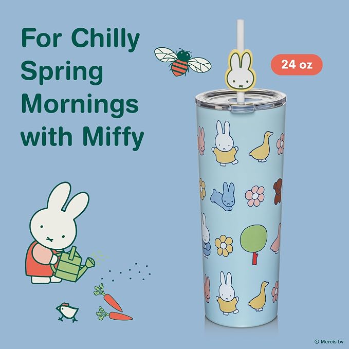Dragon Glassware | Miffy Stainless Steel Tumbler with Straw, 24 oz - Blue | Vacuum Insulated Stainless Steel Tumbler with Straw & Lid; Double Walled Tumbler with Straw Charm; Miffy Cup with Lid