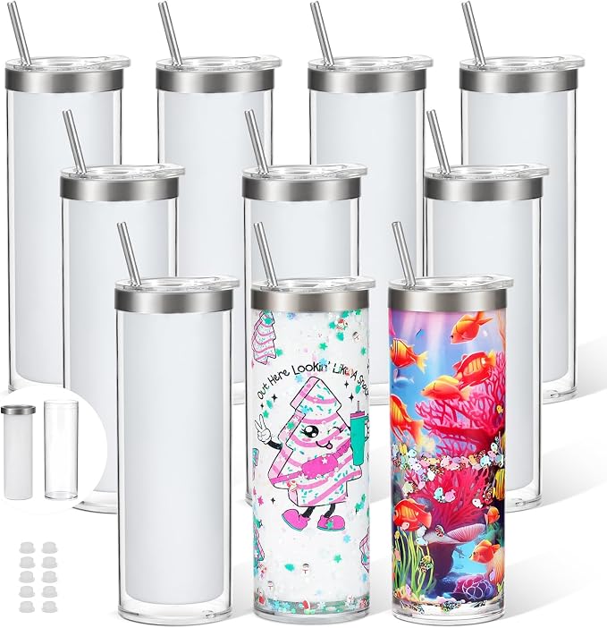 20 Oz Sublimation Storyboard Snow Globe Tumbler Cup, 10 Pack | innner stainless steel, outer acrylic, pre-drilled, double wall, snow globe cup, Sublimation Coating, individually boxed