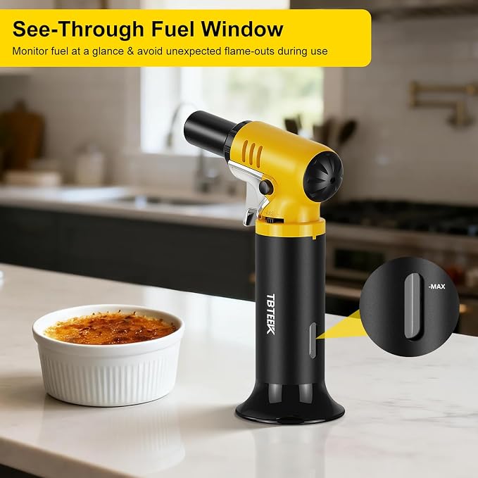 TBTeek Butane Torch with Fuel Gauge T907, One-hand Operation Kitchen Torch Lighter with Adjustable Flame for BBQ, Baking, Brulee Creme, Crafts and Soldering(Butane Gas Not Included)