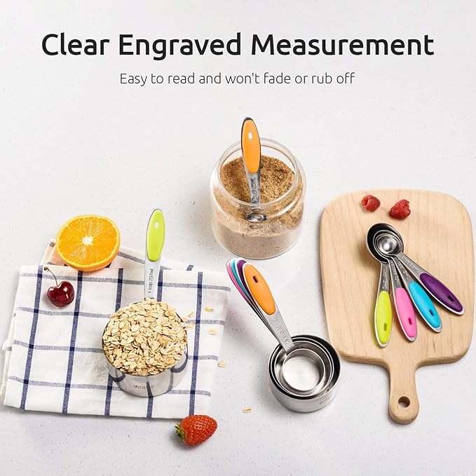 U-Taste 18/8 Stainless Steel Measuring Cup and Spoon Set of 10 Multicolor and 16 inch Adjustable Rolling Pin with Silicone Removable Thickness Rings Aqua Sky