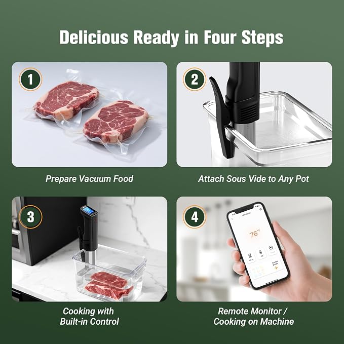 2.4g Wifi Sous Vide Cooker CharMeter Sous Vide Machine CSV-100-W, 1000 Wattts Sous-Vide Cooker Immersion Circulator App Control with 14 Preset Recipes, Calibration Function,Fast-Heating with Timer