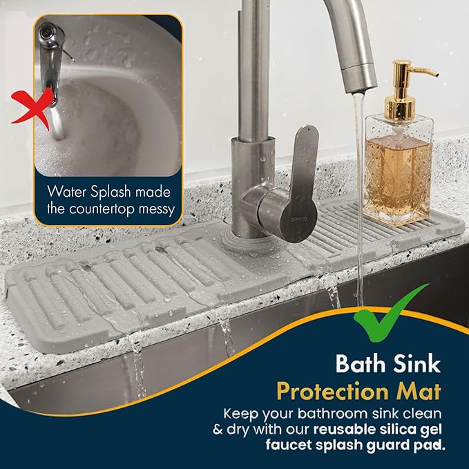 Kitchen Sink Faucet Mat, 2 Pack Silicone Splash Guard and Drip Catcher Tray, Sink Organizer, Sponge Holder & Drying Mat for Countertop (Grey)