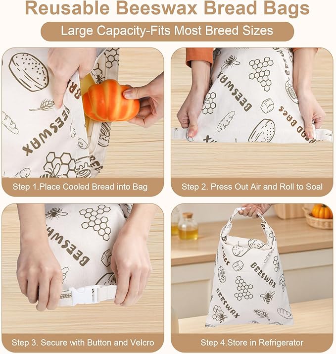Reusable Beeswax Bread Bags for Homemade Bread with Zipper,Cotton Sourdough Bread Storage Bags,Airtight Freshness Keeper Bakery Essentials (2 Packs)