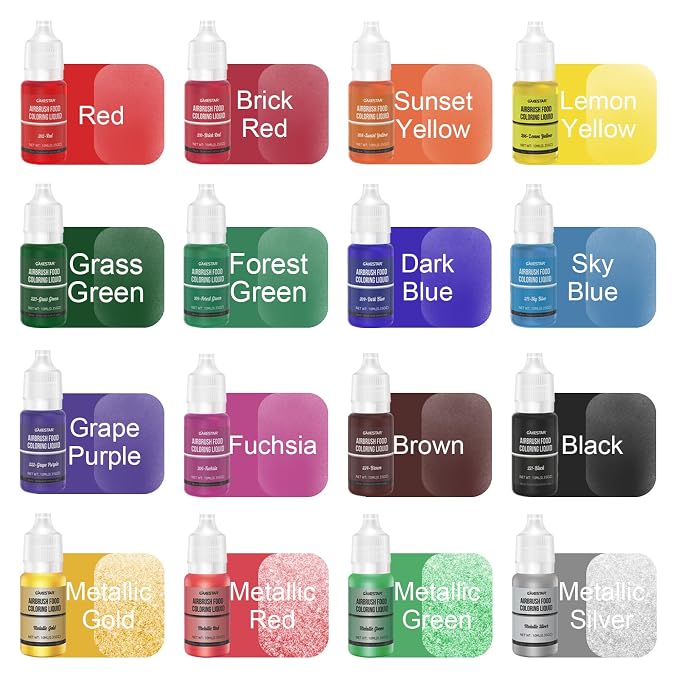 Cake Decorating Kit with Compressor, Cookie Airbrush with 12 Food Coloring Liquids and 4 Metallic, Food Airbrush Set for Dessert, Cupcakes Decorating