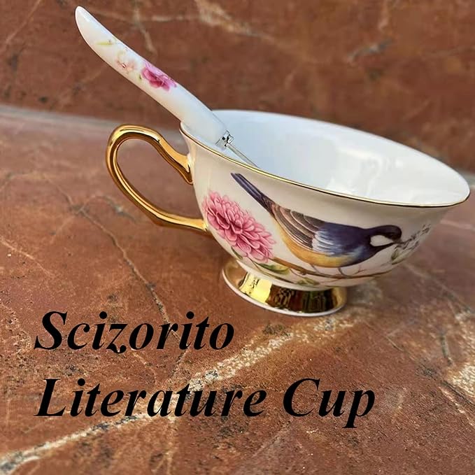 Honorable Coffee Cup Mug, Cappuccino, Tea Cup, with Saucer for Latte, Fine Bone Porcelain, Reactive Glaze, 6.8 Oz-1pcs (Vivid Bird)