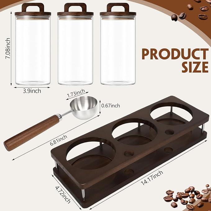 Suclain 3 Pcs 42 oz Glass Coffee Grounds Container with Shelf Glass Coffee Bean Storage Canisters with Airtight Lid and Measuring Spoon Food Storage Jars for Kitchen Sugar (Vintage Style)