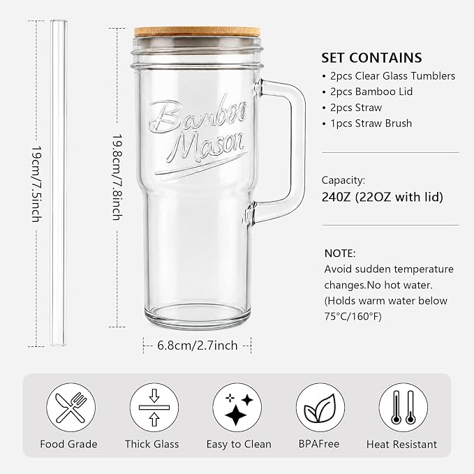 ANOTION Glass Cups with Lids and Straws - 24oz Tumbler with Handle Coffee Cups Glass Straws Glasses Mason Jar Cups Drinking Set Kitchen Essentials Coffee Bar Accessories House Warming Gifts New Home
