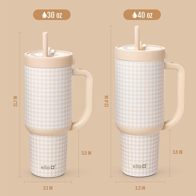 Ello Oasis 40oz Tumbler with Handle & Retracting Straw | Reusable Insulated Stainless Steel Cup 100% Leakproof | Gifts for Teens Women | Keeps Cold for 24 Hours | Cup Holder Friendly | Beige Gingham