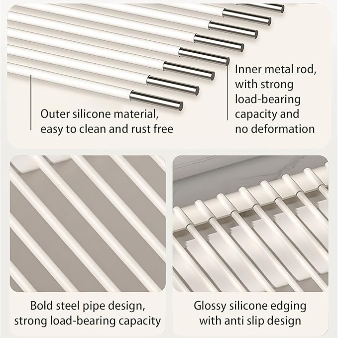 Silicone Non-Slip Dish Drying Rack, Drain Board Over the Kitchen Sink, Roll-Up Dish Rack Drainer, Rust-Resistant Drain Board(Grey,12 rods)