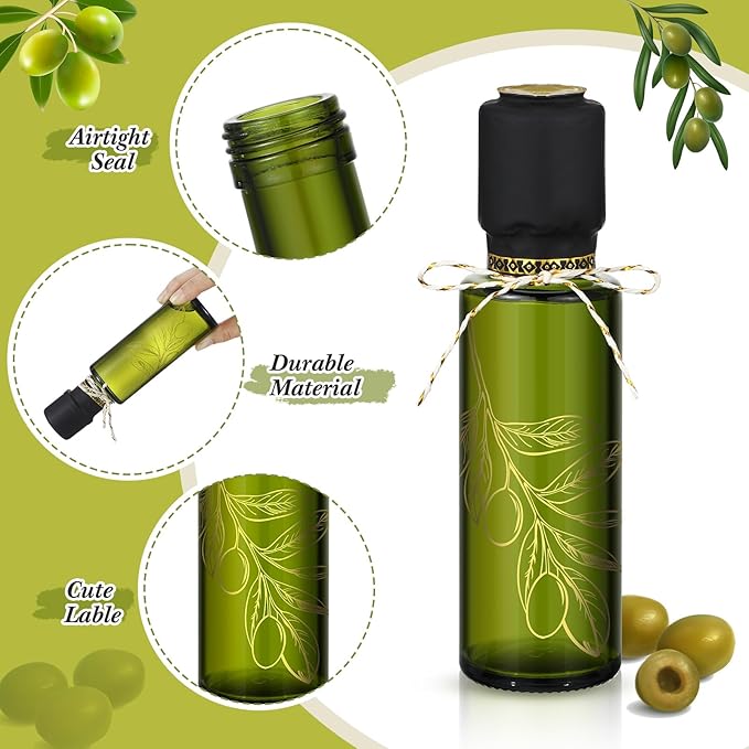 Reallnaive 4 oz Mini Glass Olive Oil Bottles Empty Sauce Condiment Bottles with Dropper Inserts and Sticker Seals Caps for Gifts Kitchen(Olive Leaf,Dark Green,20 Pcs)