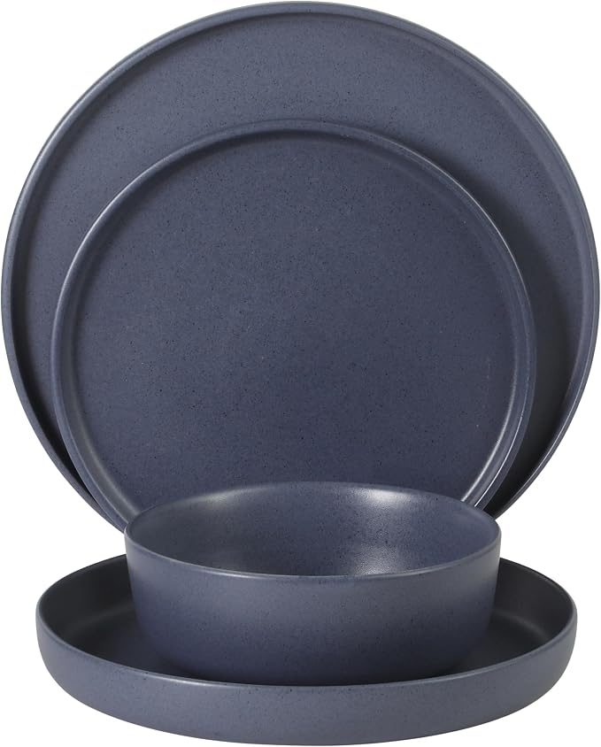 Gibson Elite Bayou Moon Plates and Bowls Sets, 16-Piece Blue Matte Stoneware Dinnerware Sets, Solid Color Reactive Glaze Dish Set
