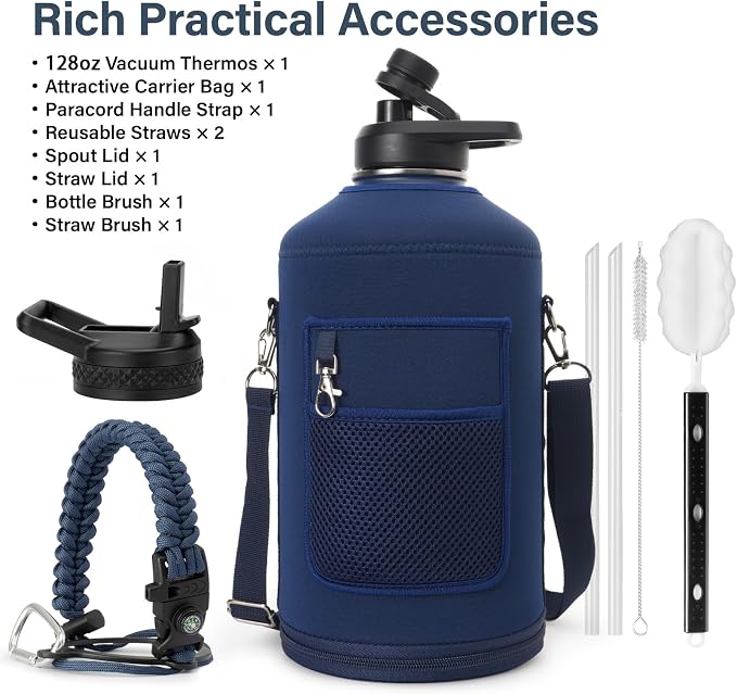 DYSANKY 1 Gallon Water Bottle Insulated | Thickened Stainless Steel Vacuum Metal Water Jug | Portable Sports Large for Gym and Hiking with Straw, Carrier Bag, Handle Strap | BPA-Free 128 oz