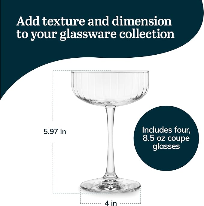 Libbey Paneled Cocktail Coupe Glasses, 8.5 Oz Stemmed, Fine Ribbed Line Coupe Glass Set of 4, Dishwasher Safe Cocktail Martini Glasses