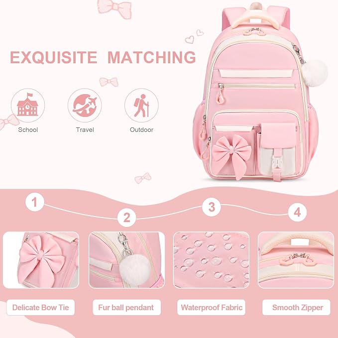 DIGOBAY Girls Backpack - Includes 14oz Insulated Water Bottle, Girls School Backpack Set with Lunch Bag & Pencil Case Teens for School (Pink)
