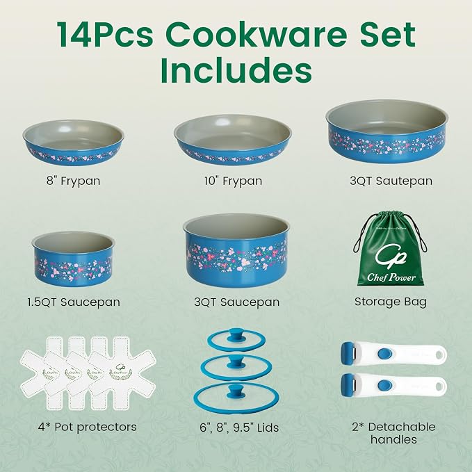Chef Power Ceramic Cookware Set Non Toxic with Detachable Handles, Healthy Nonstick Decal Pans and Pots Set 14 Pcs, Induction Dishwasher Oven Safe Kitchen Set, Turquoise with Bougainvillea