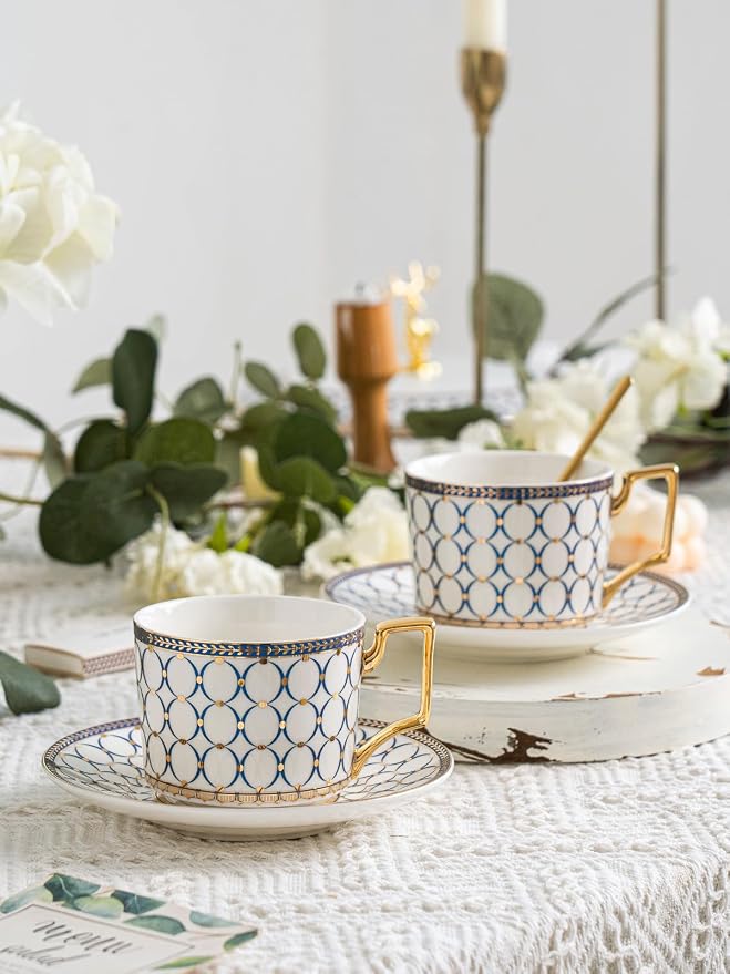 7 Oz Bone China Blue Tea Cup and Saucer Service for 4, Afternoon Porcelain Tea Set with Teapot, Tea Sets For Women Tea Party.