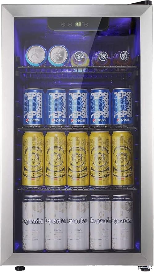 Antarctic Star Beverage Refrigerator -125 Can Mini Fridge for Soda Beer or Wine, Stainless steel door frame, for Office or Bar with Adjustable Removable Shelves, Black, 3.3 Cu.Ft