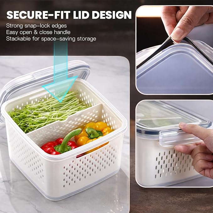 Produce Storage Containers Set with Drain Basket & Lid – Stackable Fridge Organizer Bins for Refrigerator – Fruit & Vegetable Storage Keeper, Berry Container, Lettuce Storage Box (6 Sizes) (3)
