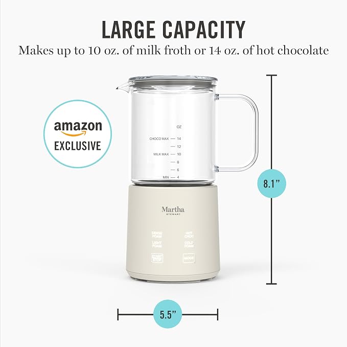 Martha Stewart Milk Frother and Steamer, 10oz/300ml Glass Cup, 4 Presets (Cold Foam, Light, Dense & Hot Chocolate), Ready in 90 Seconds, Cordless Pouring, One-Touch for Hot and Cold Milk, Linen Cream