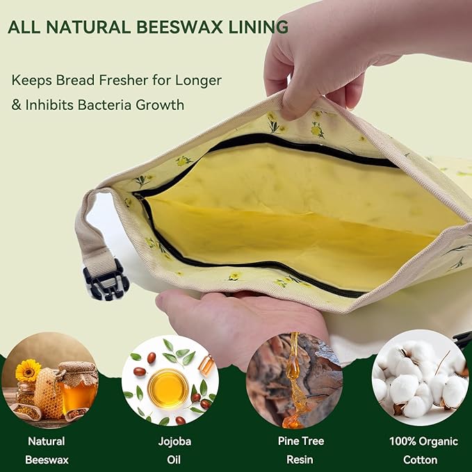 Reusable Beeswax Bread Bags, 2 Pack 16.6x12.6in Large-Organic Cotton for Sourdough Bread Homemade, Freezer Storage to Keep Fresh